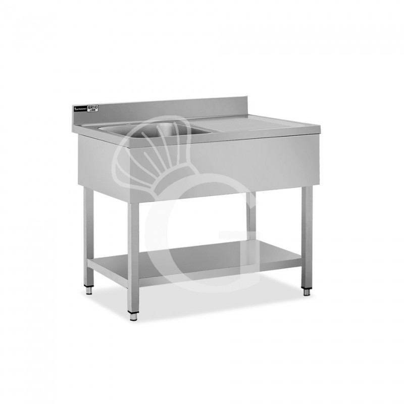 Topfspültisch, Edelstahl, Abtropffläche rechts, Grundboden, Aufkantung, 1 Becken, B 1200 x T 600 x H 965 mm, Hahnloch (Ø 32 mm)