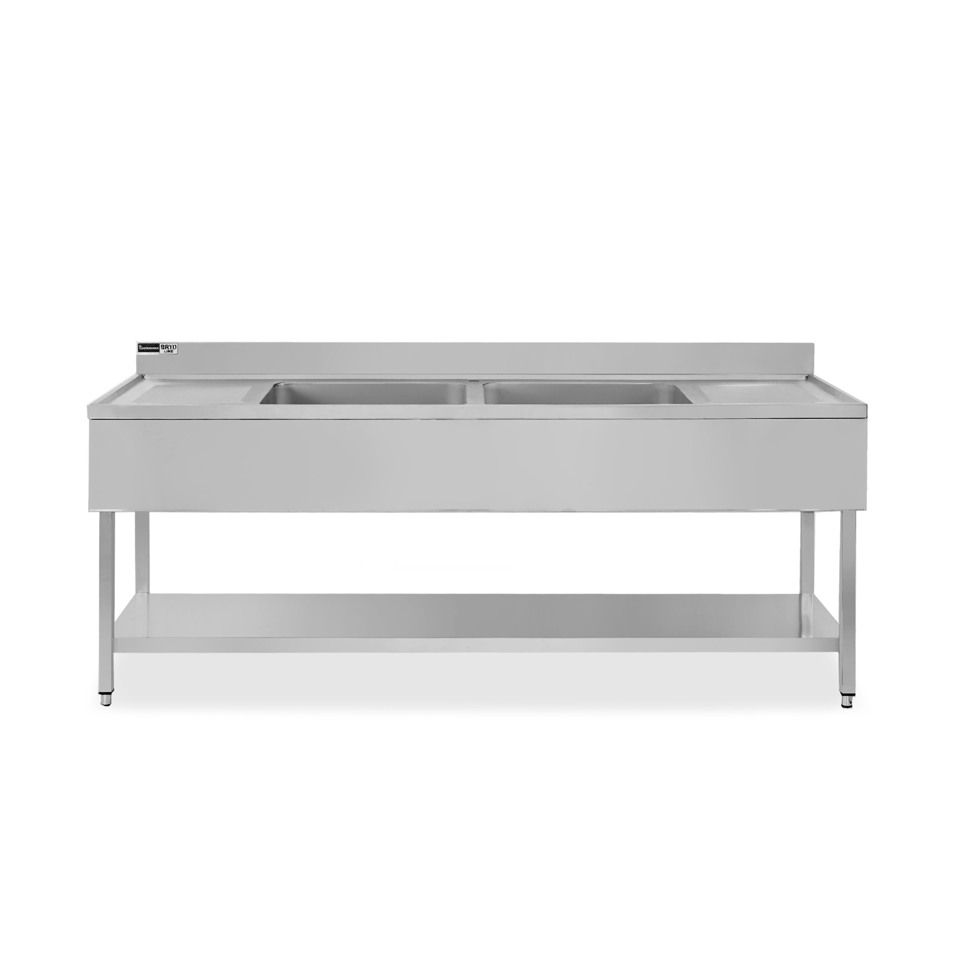 Spültisch (2000 x 700 x 950 mm), Edelstahl, 2 Becken, 2 Abtropfflächen, Aufkantung, Grundboden,Loch für den Wasserhahn Ø 32 mm