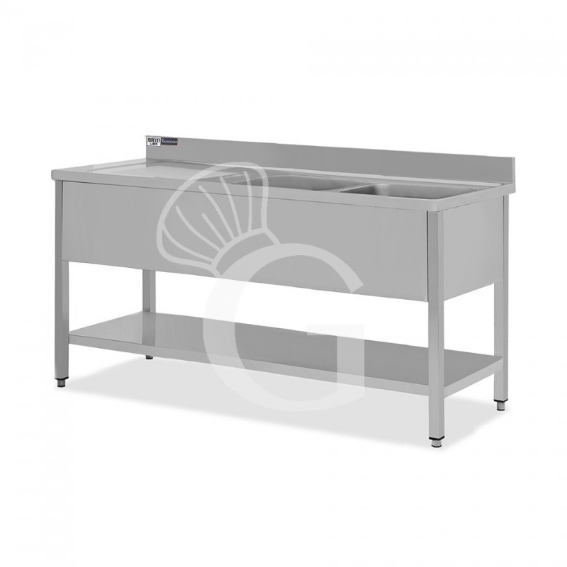Spültisch, Edelstahl, 2 Becken, Abtropffläche links, Grundboden, Aufkantung, Hahnloch Ø 32 mm, B 1800 mm x T 700 mm x H 965 mm