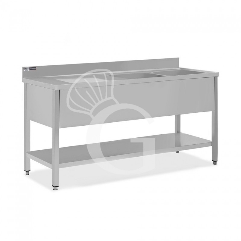 Spültisch, Edelstahl, 2 Becken, Abtropffläche links, Grundboden, Aufkantung, Hahnloch Ø 32 mm, B 1800 mm x T 700 mm x H 965 mm