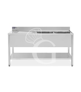 Spültisch, Edelstahl, 2 Becken, Abtropffläche links, Grundboden, Aufkantung, Hahnloch Ø 32 mm, B 1800 mm x T 700 mm x H 965 mm