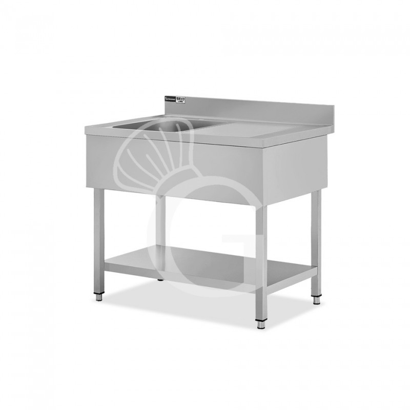 Topfspültisch, Edelstahl, Abtropffläche rechts, Grundboden, Aufkantung, 1 Becken, B 1100 x T 600 x H 965 mm, Hahnloch (Ø 32 mm)