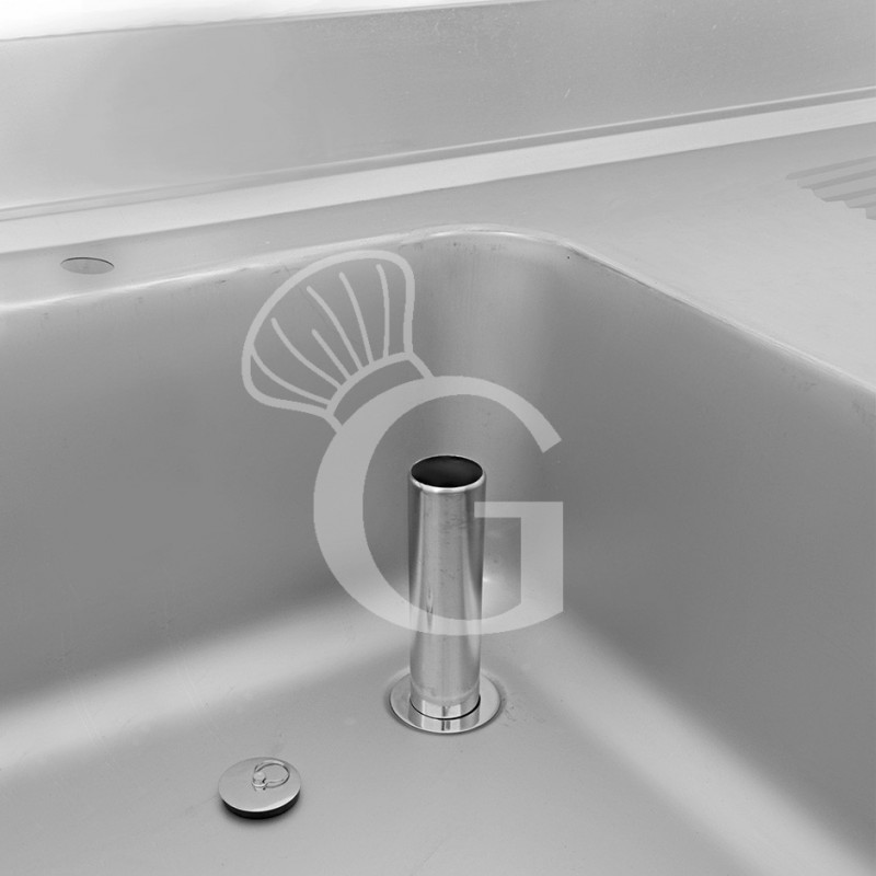 Topfspültisch, Edelstahl, Abtropffläche rechts, Grundboden, Aufkantung, 1 Becken, B 1100 x T 600 x H 965 mm, Hahnloch (Ø 32 mm)