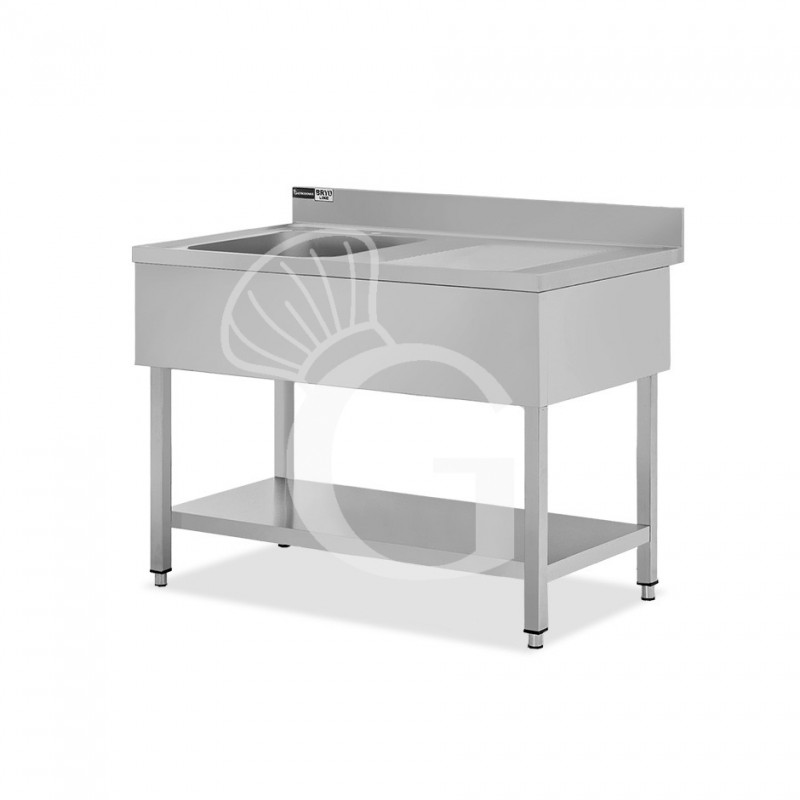 Topfspültisch, Edelstahl, Abtropffläche rechts, Grundboden, Aufkantung, 1 Becken, B 1300 x T 600 x H 965 mm, Hahnloch (Ø 32 mm)