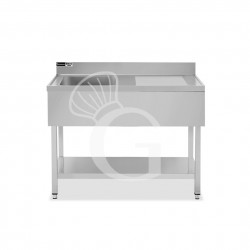 Topfspültisch, Edelstahl, Abtropffläche rechts, Grundboden, Aufkantung, 1 Becken, B 1300 x T 600 x H 965 mm, Hahnloch (Ø 32 mm)