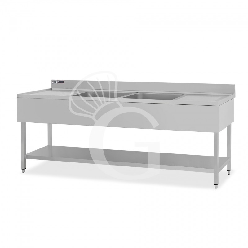 Spültisch, Edelstahl, Grundboden, Aufkantung, 2 Becken, 2 Abtropfflächen, Hahnloch (Ø 32 mm), B 2400 mm x T 600 mm x H 965 mm