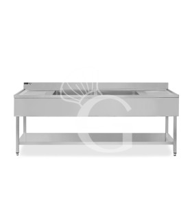Spültisch, Edelstahl, Grundboden, Aufkantung, 2 Becken, 2 Abtropfflächen, Hahnloch (Ø 32 mm), B 2400 mm x T 600 mm x H 965 mm