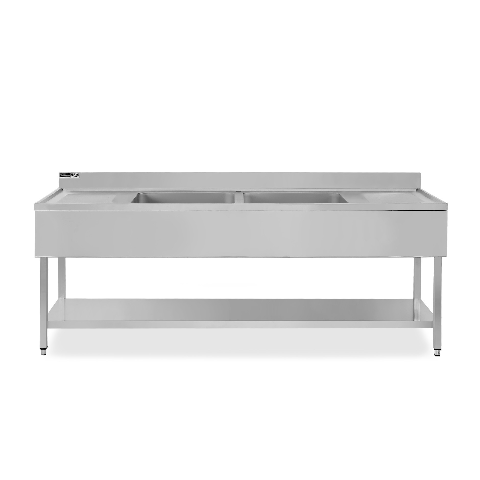 Spültisch, Edelstahl, Grundboden, Aufkantung, 2 Becken, 2 Abtropfflächen, Hahnloch (Ø 32 mm), B 2400 mm x T 600 mm x H 965 mm