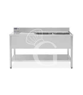 Spültisch, Edelstahl, Grundboden, Aufkantung, 2 Becken, Abtropffläche links, Hahnloch (Ø 32 mm), B 1500 x T 600 x H 965 mm
