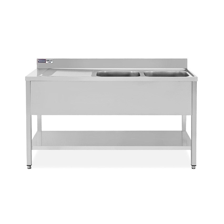 Spültisch, Edelstahl, Grundboden, Aufkantung, 2 Becken, Abtropffläche links, Hahnloch (Ø 32 mm), B 1500 x T 600 x H 965 mm