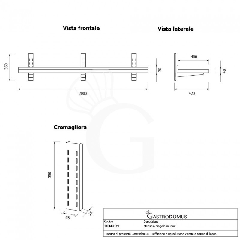 Wandbord aus Edelstahl, B 2000 mm x T 400 mm x H 350 mm