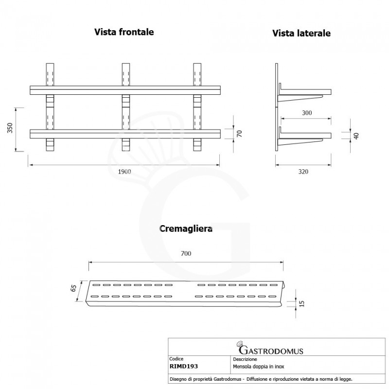 Doppelte Wandborde aus Edelstahl, B 1900 mm x T 300 mm x H 700 mm