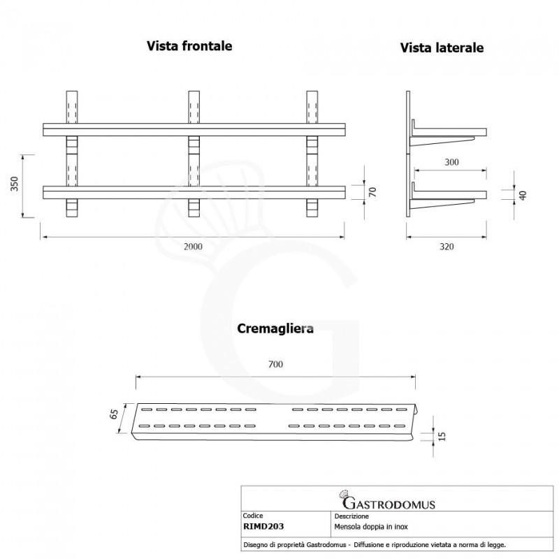 Wandbord aus Edelstahl, doppelt, B 2000 mm x T 300 mm x H 700 mm