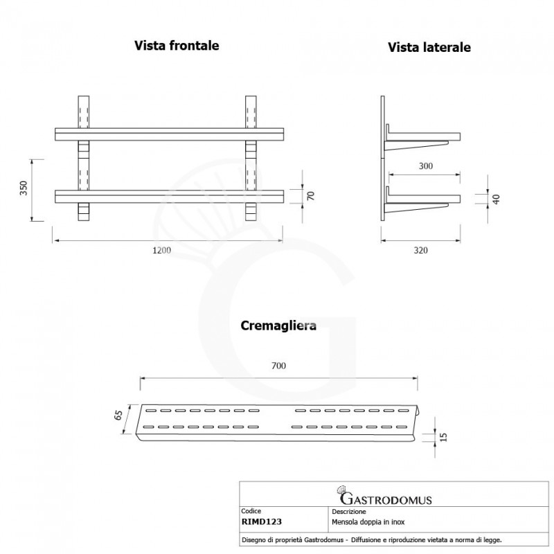 Wandbord aus Edelstahl, doppelt, B 1200 mm x T 300 mm x H 700 mm
