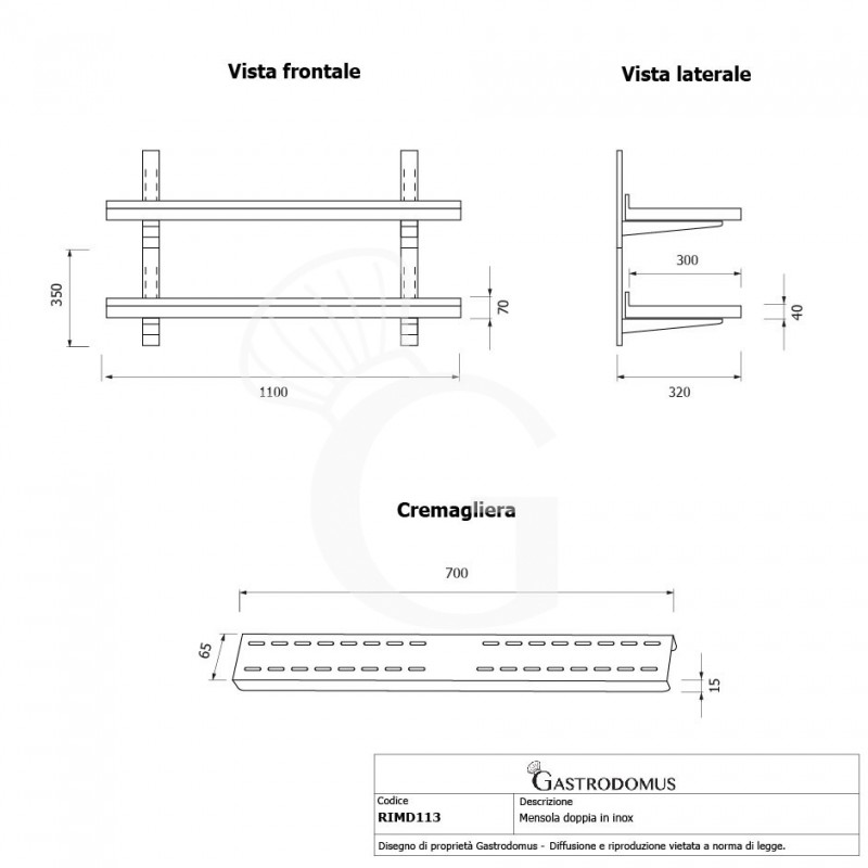 Wandbord aus Edelstahl, doppelt, B 1100 mm x T 300 mm x H 700 mm
