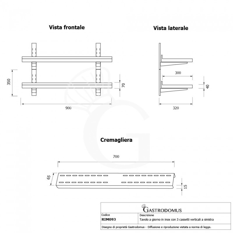 Doppelte Wandborde aus Edelstahl, B 900 mm x T 300 mm x H 700 mm