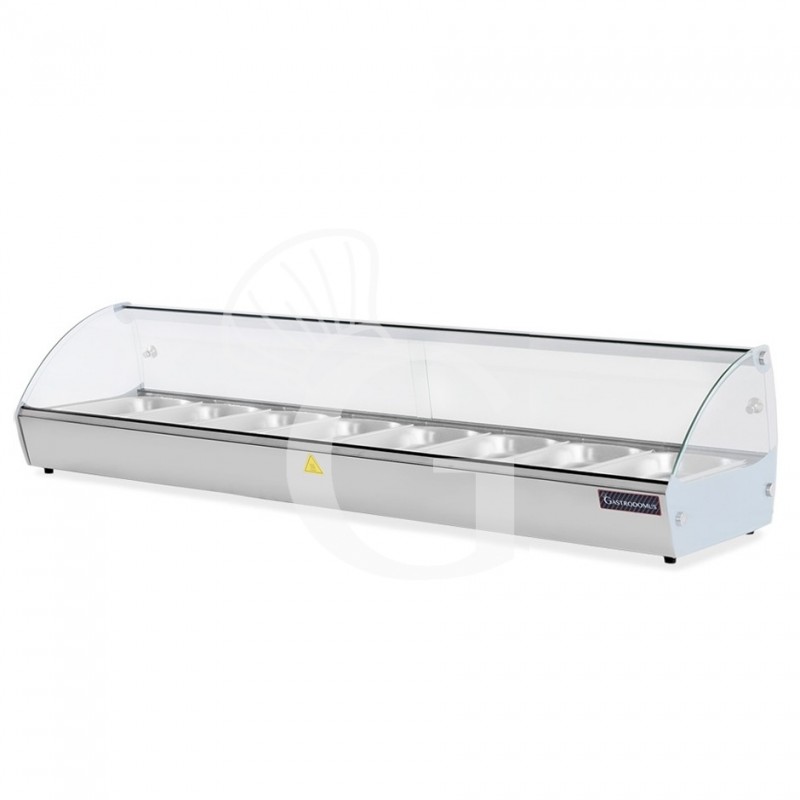 Warmhaltevitrine, Edelstahl und Glas, 8 GN1/3 Behälter (H 40 mm), B 1483 mm X T 420 mm X H 336 mm