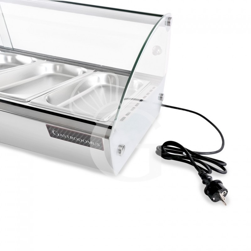 Warmhaltevitrine, Edelstahl und Glas, 8 GN1/3 Behälter (H 40 mm), B 1483 mm X T 420 mm X H 336 mm