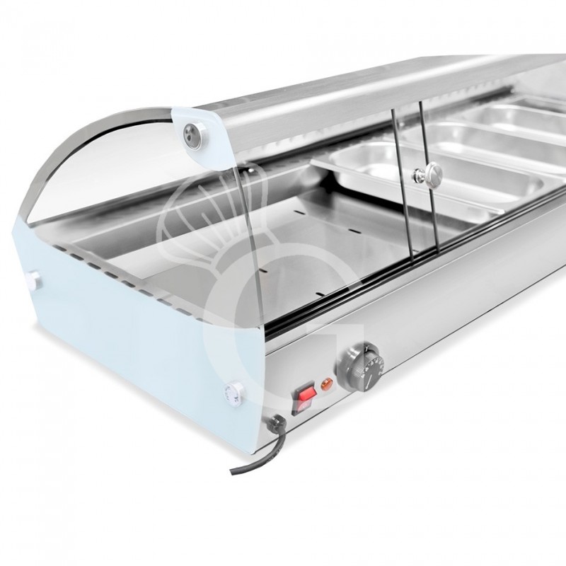 Warmhaltevitrine, Edelstahl und Glas, 4 GN1/3 Behälter (H 40 mm), B 773 mm X T 420 mm X H 336 mm