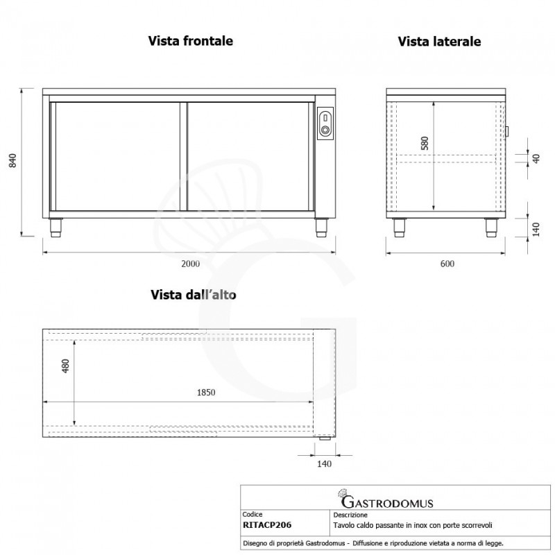Beheizte durchreichetisch aus Edelstahl mit Schiebetüren B 2000 mm x T 600 mm x H 850 mm