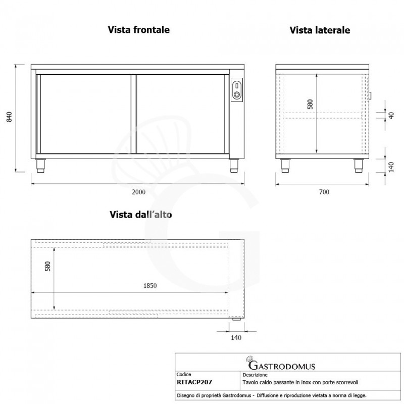 Beheizte durchreichetisch aus Edelstahl mit Schiebetüren B 2000 mm x T 700 mm x H 850 mm