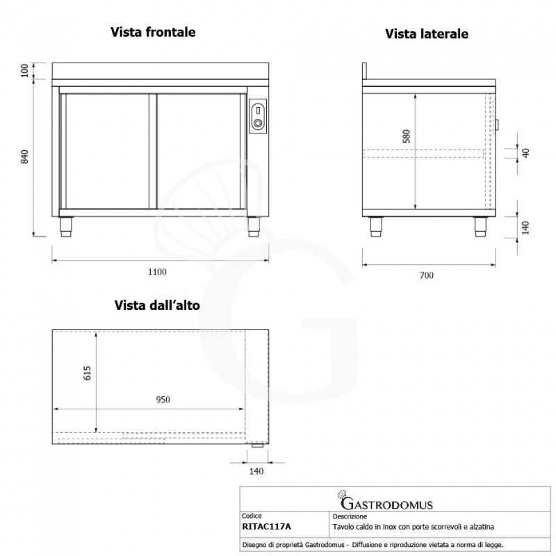 Beheizte Tisch aus Edelstahl mit Schiebetüren und Aufsatz B 1100 mm x T 700 mm x H 950 mm