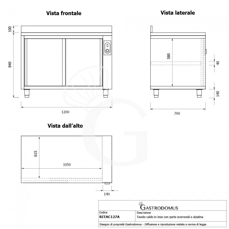 Beheizte Tisch aus Edelstahl mit Schiebetüren und Aufsatz B 1200 mm x T 700 mm x H 950 mm