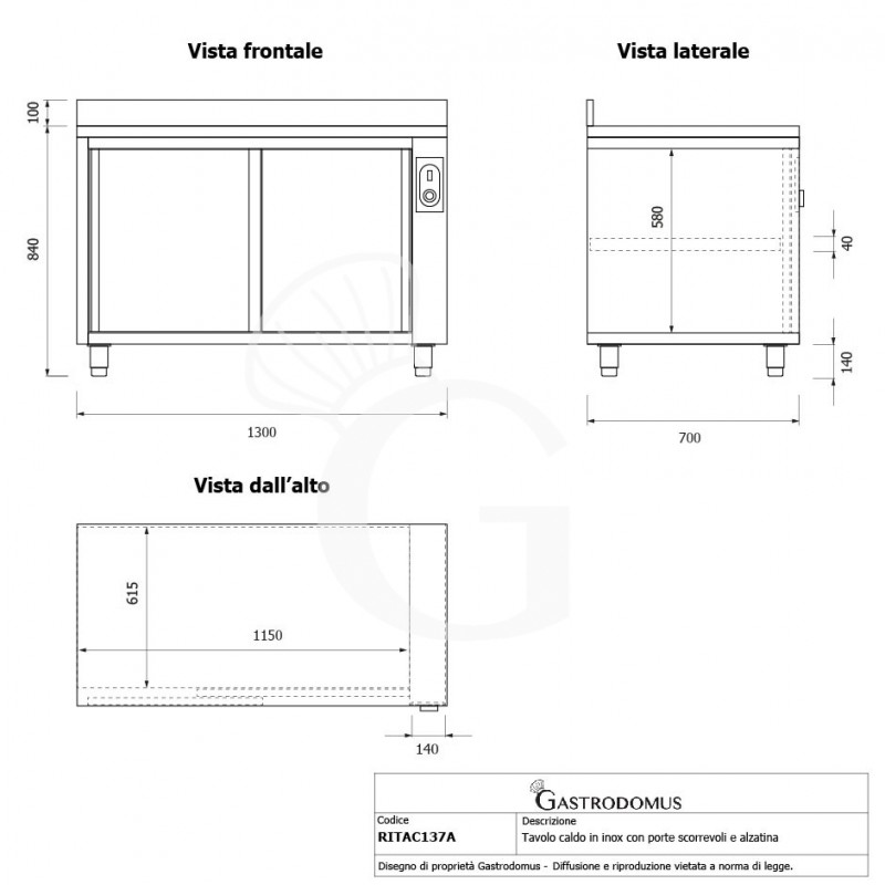Beheizte Tisch aus Edelstahl mit Schiebetüren und Aufsatz B 1300 mm x T 700 mm x H 950 mm