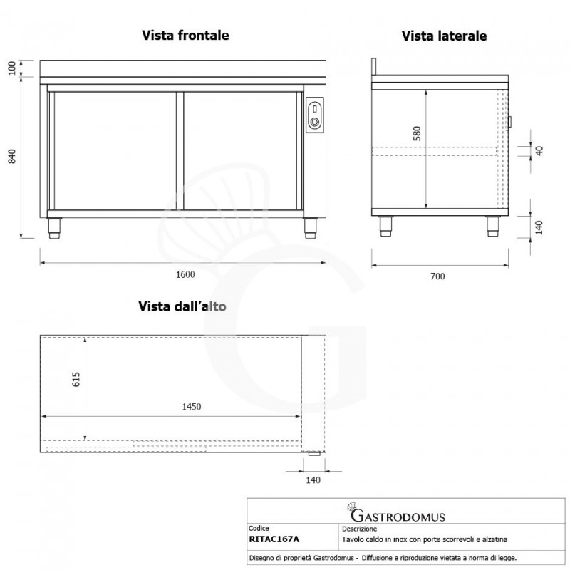 Beheizte Tisch aus Edelstahl mit Schiebetüren B 1600 mm x T 700 mm x H 950 mm