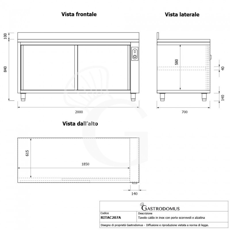Beheizte Tisch aus Edelstahl mit Schiebetüren und Aufsatz B 2000 mm x T 700 mm x H 950 mm