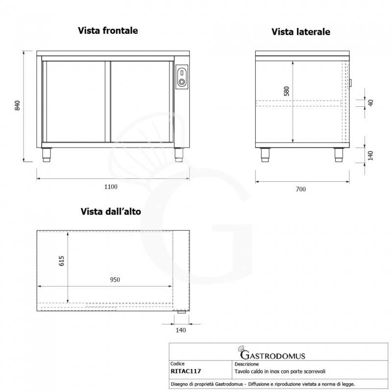 Beheizte Tisch aus Edelstahl mit Schiebetüren B 1100 mm x T 700 mm x H 850 mm