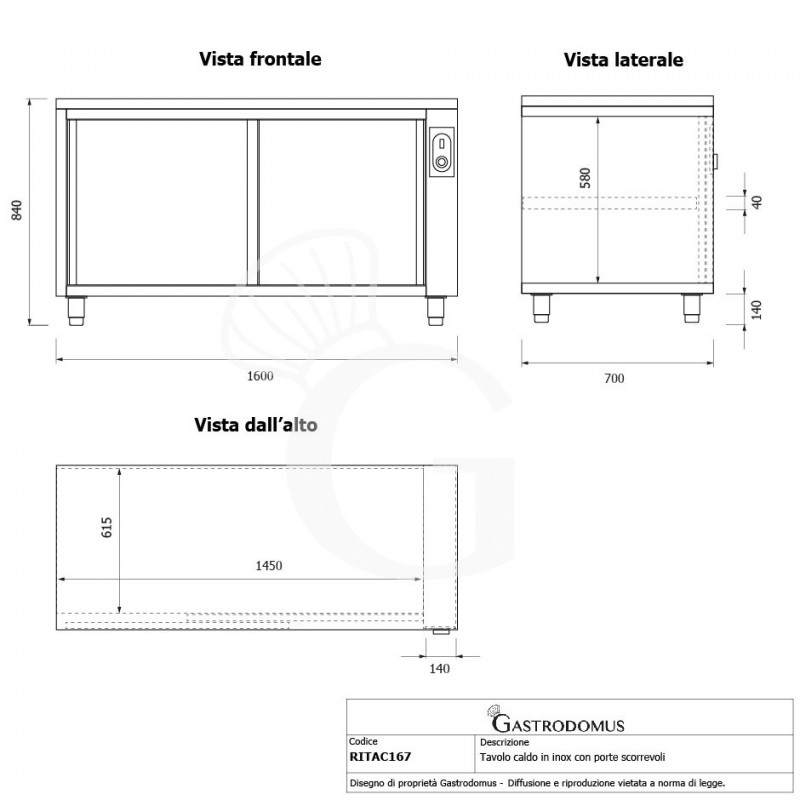 Beheizte Tisch aus Edelstahl mit Schiebetüren B 1600 mm x T 700 mm x H 850 mm