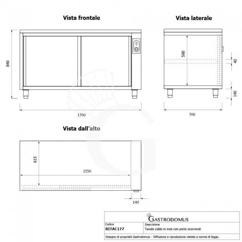 Beheizte Tisch aus Edelstahl mit Schiebetüren B 1700 mm x T 700 mm x H 850 mm