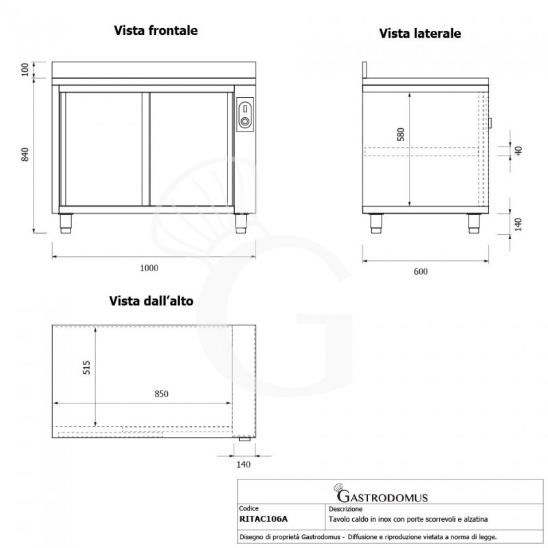 Beheizte Tisch aus Edelstahl mit Schiebetüren und Aufsatz B 1000 mm x T 600 mm x H 950 mm