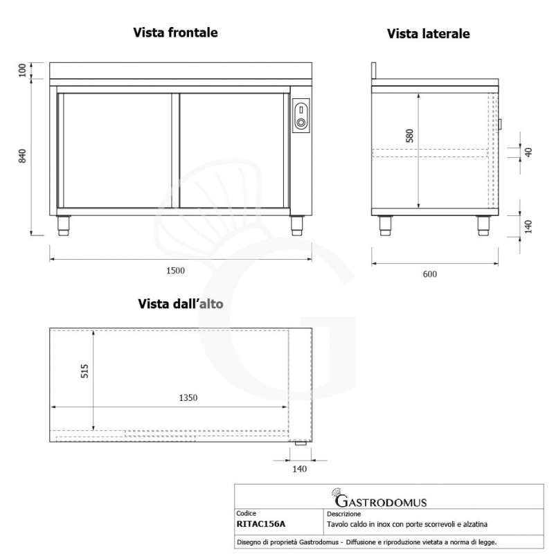 Beheizte Tisch aus Edelstahl mit Schiebetüren und Aufsatz B 1500 mm x T 600 mm x H 950 mm