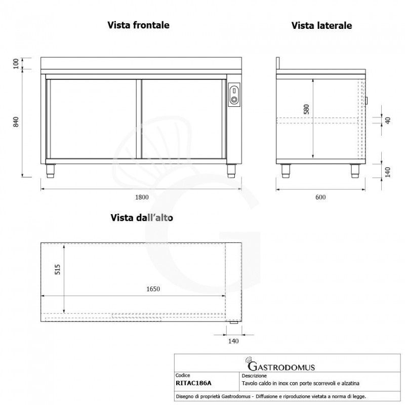 Beheizte Tisch aus Edelstahl mit Schiebetüren und Aufsatz B 1800 mm x T 600 mm x H 950 mm