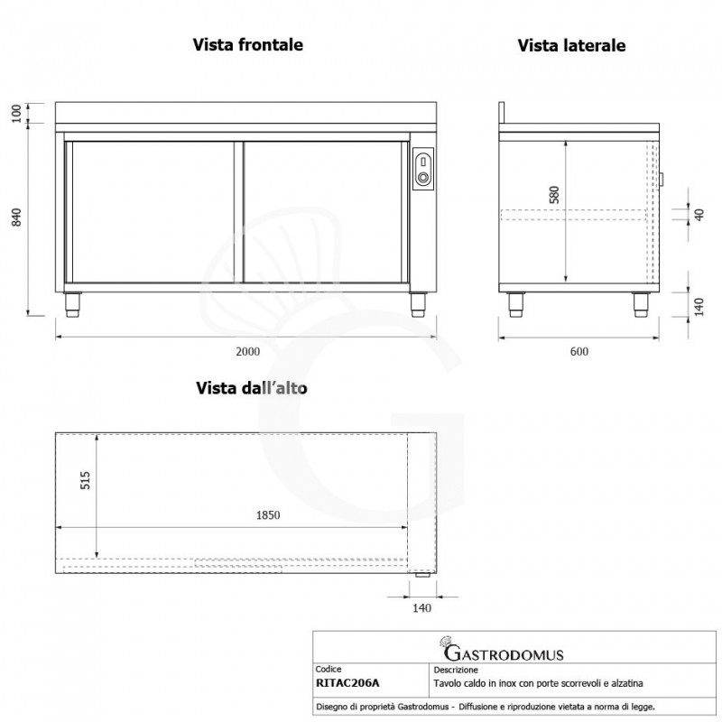 Beheizte Tisch aus Edelstahl mit Schiebetüren und Aufsatz B 2000 mm x T 600 mm x H 950 mm