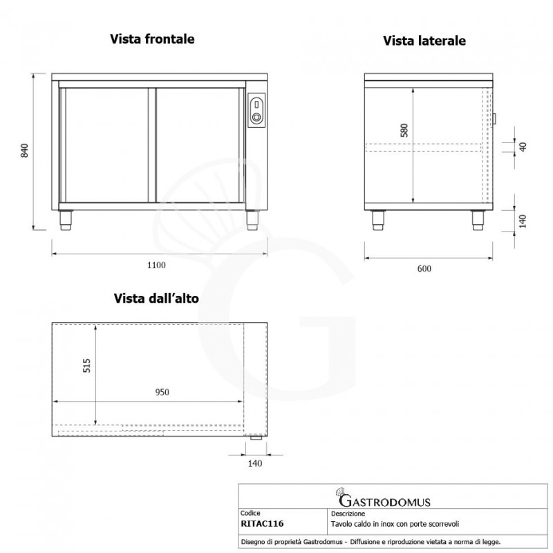 Beheizte Tisch aus Edelstahl mit Schiebetüren B 1100 mm x T 600 mm x H 850 mm