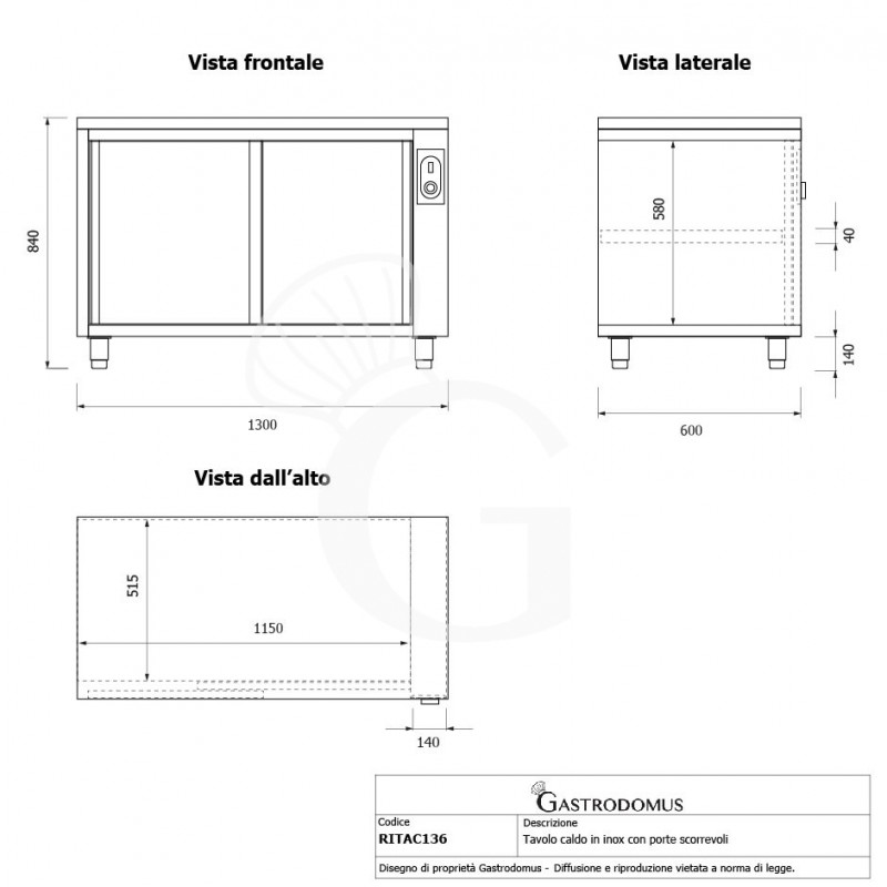 Beheizte Tisch aus Edelstahl mit Schiebetüren B 1300 mm x T 600 mm x H 850 mm