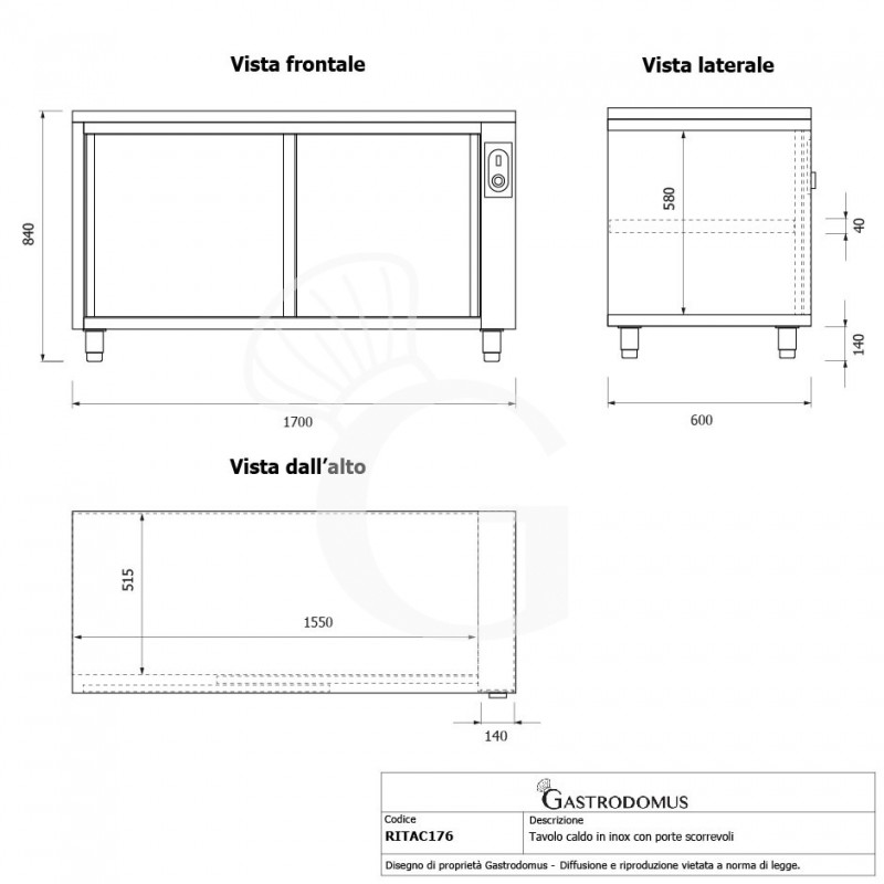 Beheizte Tisch aus Edelstahl mit Schiebetüren B 1700 mm x T 600 mm x H 850 mm