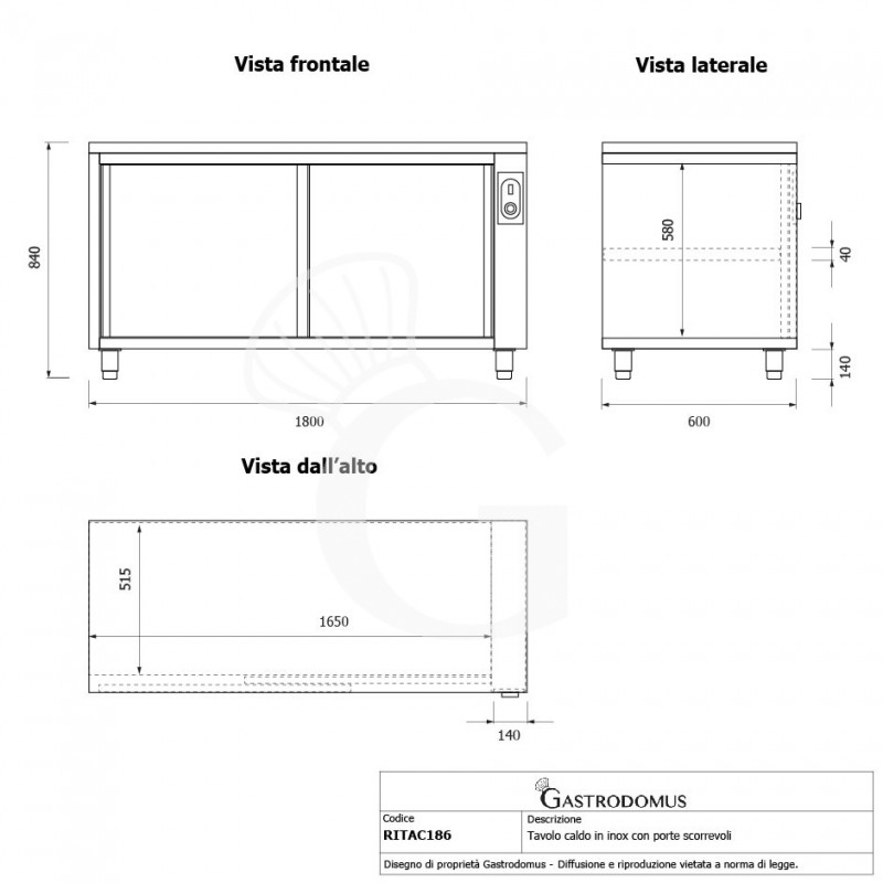 Beheizte Tisch aus Edelstahl mit Schiebetüren B 1800 mm x T 600 mm x H 850 mm