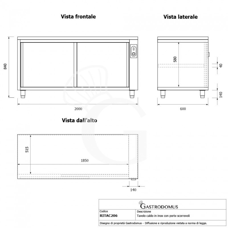 Beheizte Tisch aus Edelstahl mit Schiebetüren B 2000 mm x T 600 mm x H 850 mm