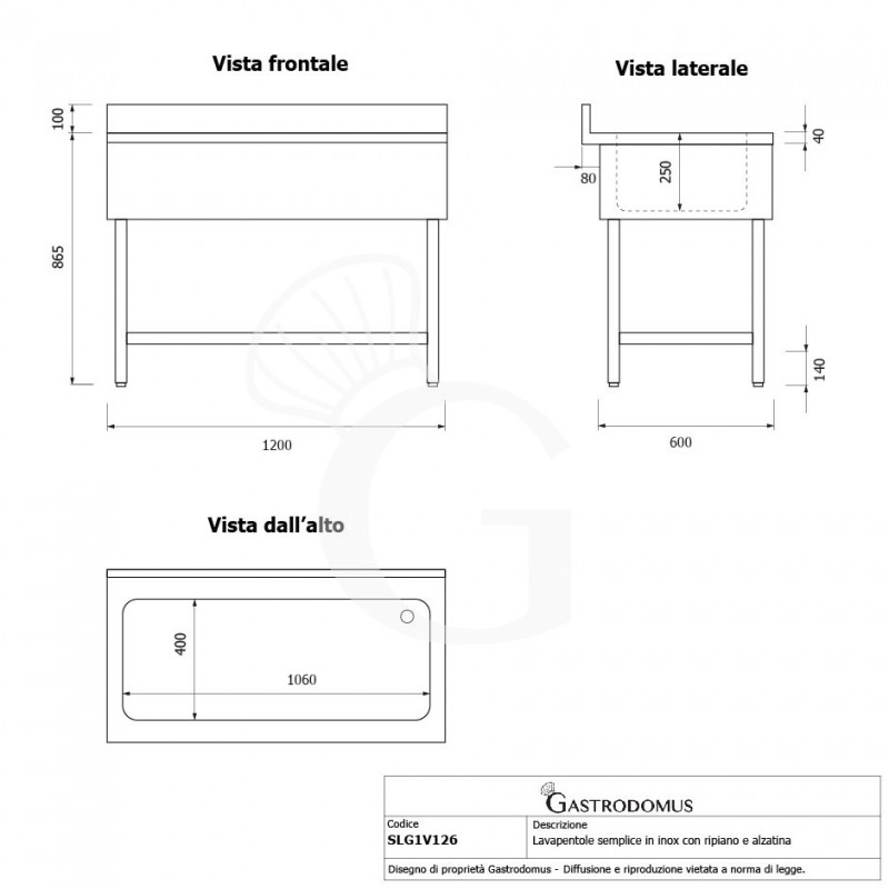 Topfspültisch, Edelstahl, 1 Grundboden, Aufkantung, 1 Becken, B 1200 mm x T 600 mm x H 965 mm, mit Hahnloch (Ø 32 mm)