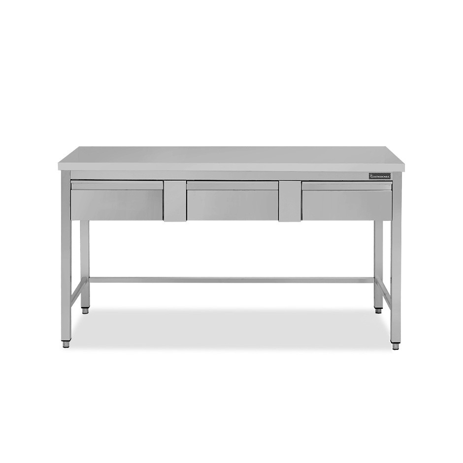Tavolo semplice in acciaio inox con 3 cassetti e misure L 1500 mm x P 600 mm x H 850 mm
