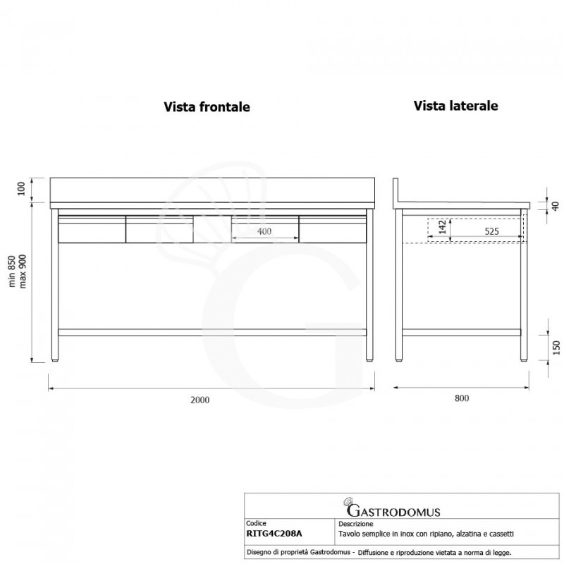 Edelstahltisch Grundbden Aufsatz 4 Schubladen B 2000 mm x T 800 mm x H 950 mm