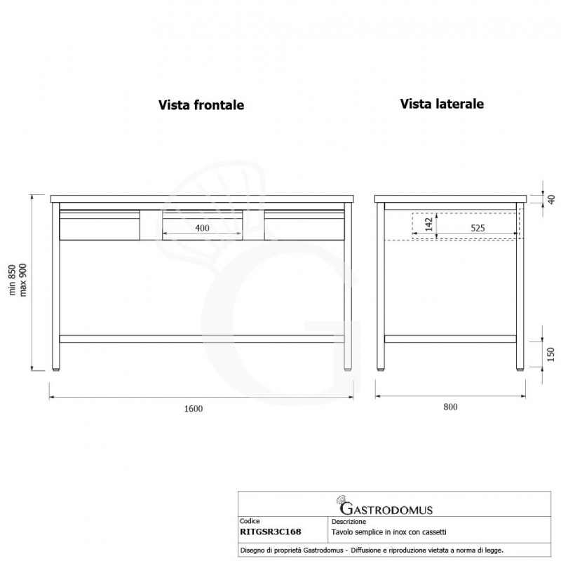 Edelstahltisch, 3 Schubladen, B 1600 mm X T 800 mm X H 850 mm
