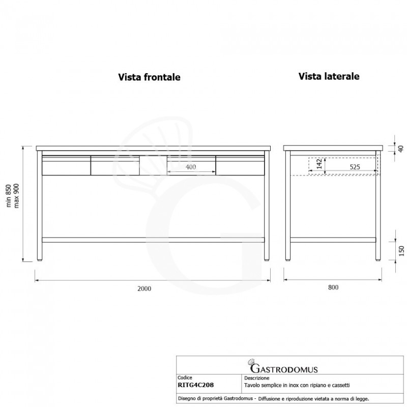 Edelstahltisch Grundboden 4 Scubladen B 2000 mm x T 800 mm x H 850 mm