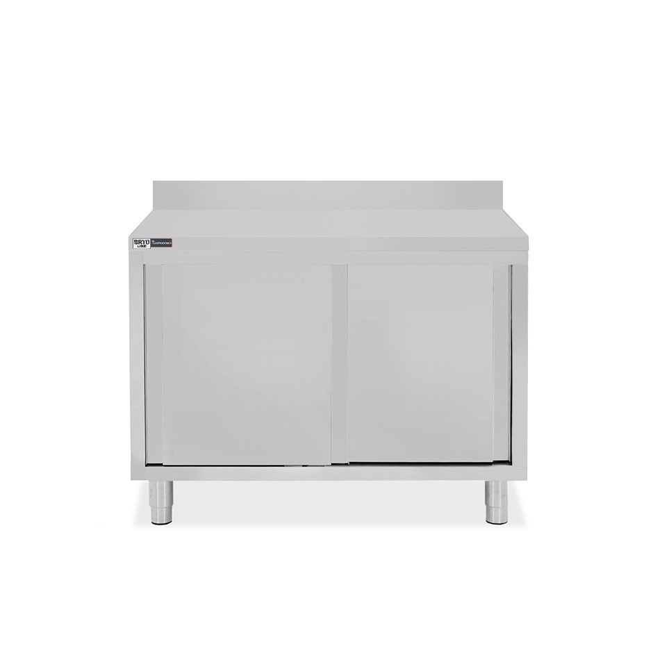 Schranktisch / Arbeitsschrank, Edelstahl, 2 Schiebetüren, Aufkantung, B 1100 mm x T 600 mm x H 950 mm