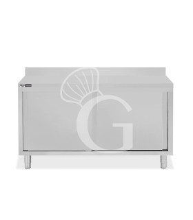 Schranktisch / Arbeitsschrank, Edelstahl, 2 Schiebetüren, Aufkantung, B 1500 mm x T 600 mm x H 950 mm