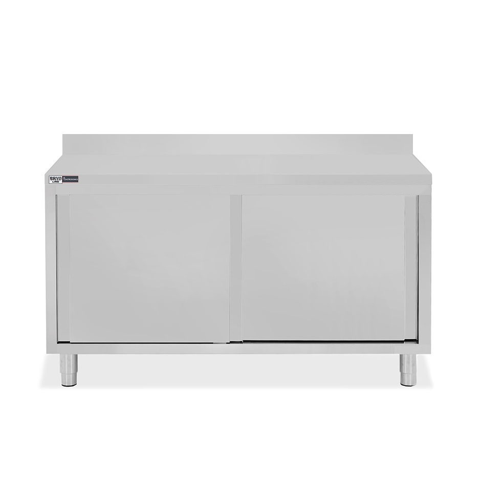 Schranktisch / Arbeitsschrank, Edelstahl, 2 Schiebetüren, Aufkantung, B 1500 mm x T 600 mm x H 950 mm